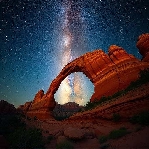 A wide-angle shot of the Milky Way arching over the red rock formations of Sedona, Arizona.
