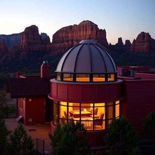 Exterior view of the Sedona Sky Lodge, featuring a telescope dome on the roof.