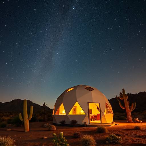 Geodesic dome home with a panoramic view of a starry night sky over the Arizona desert.