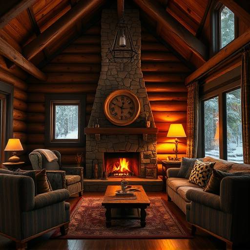 Lodge interior with a fireplace and comfortable seating.