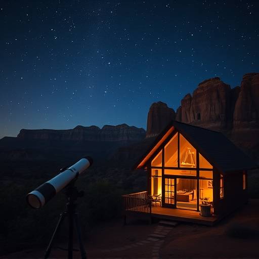 Luxury cabin with a telescope overlooking a desert landscape at night in Sedona, Arizona.