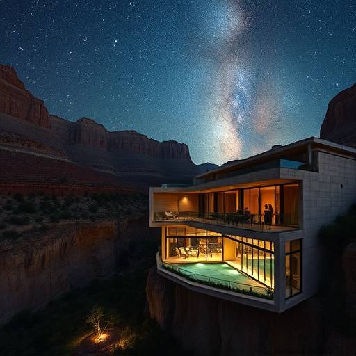 Modern glass-walled villa with a view of the Milky Way over a canyon landscape.