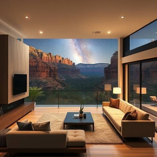 Modern living room interior of Canyon View Villa with stargazing setup.