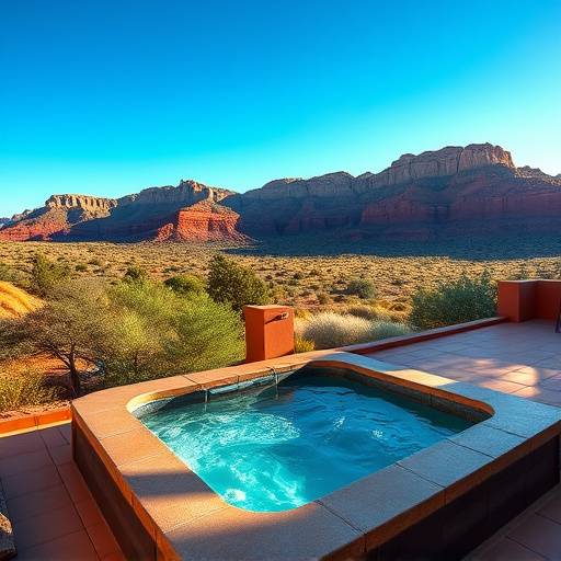 Modern villa in Sedona, Arizona with a hot tub and mountain views.